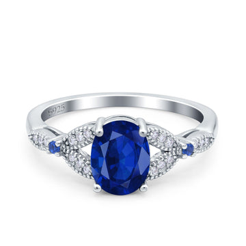 Oval Blue Sapphire Art Deco Wedding Ring Simulated Blue Sapphire CZ 925 Sterling Silver